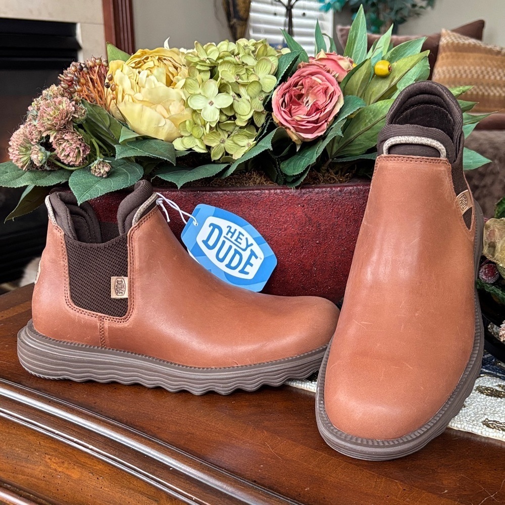 Brand New Hey Dude Branson Boot Craft Leather Cognac Slip On Casual Ankle Boots